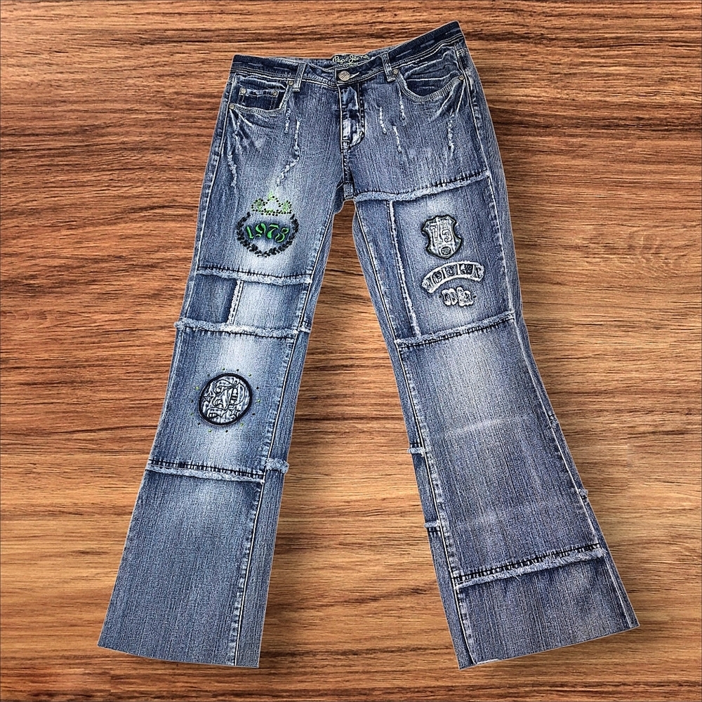 Vintage Pepe Jeans London Patchwork Graphic Embellished Denim Blue Jeans Size 30